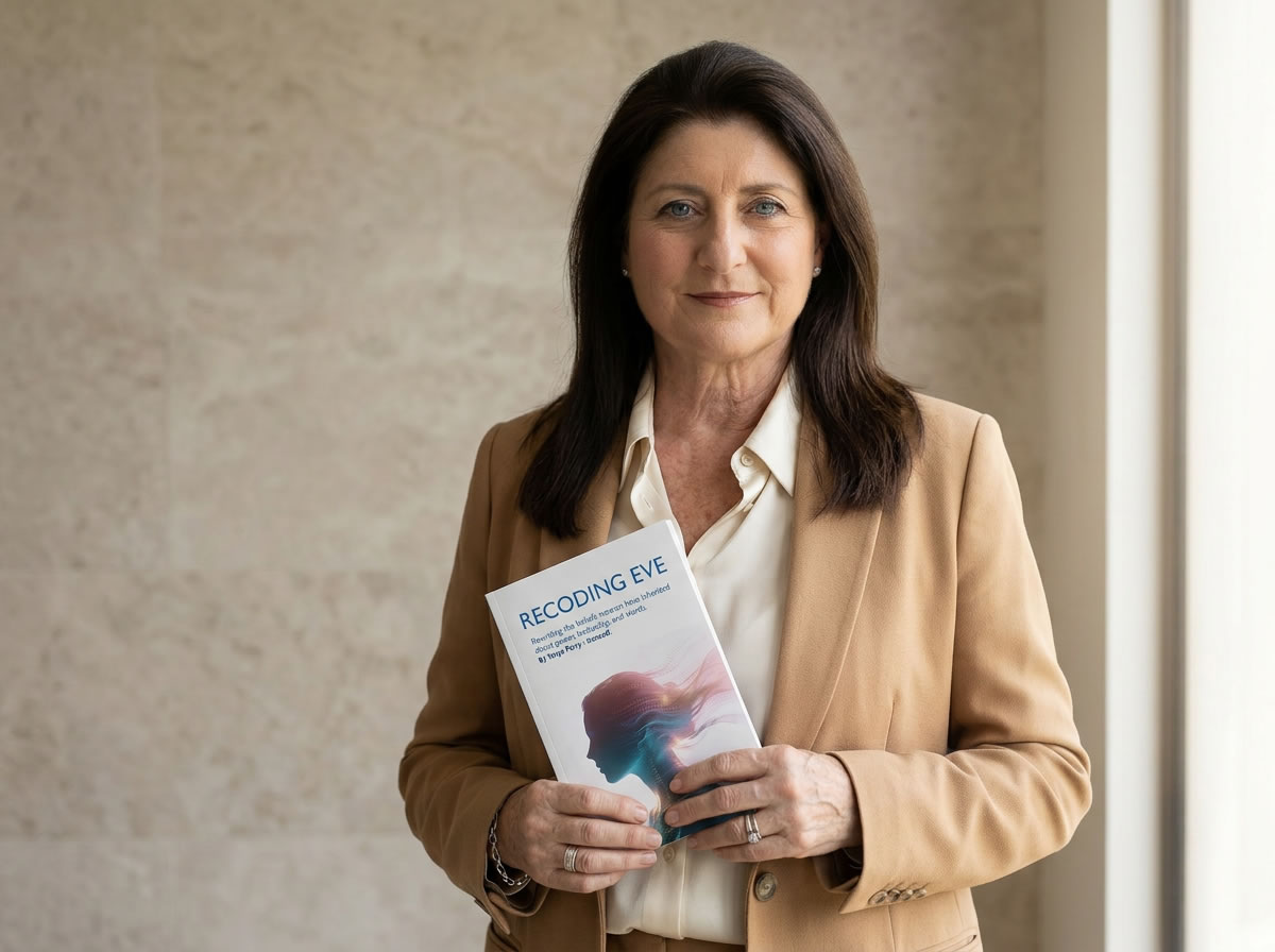 Tanya Perry-Iranzadi holding a copy of her book Recoding Eve